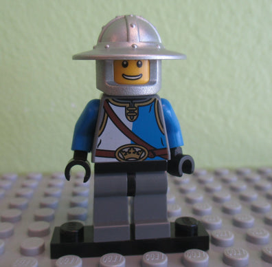 LEGO Minifigure-Castle - King's Knight Blue and White with Chest Strap and Crown Belt, Helmet with Broad Brim, Open Grin-Castle-CAS526-Creative Brick Builders